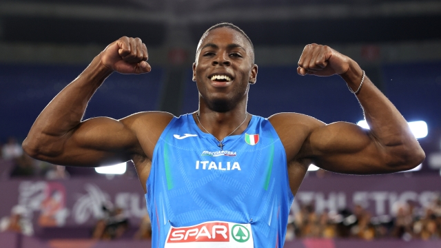 ROME, ITALY - JUNE 08: Chituru Ali of Team Italy poses for a photo after finishing second in in the Men's 100 Metres Final on day two of the 26th European Athletics Championships - Rome 2024 at Stadio Olimpico on June 08, 2024 in Rome, Italy.  (Photo by Michael Steele/Getty Images)