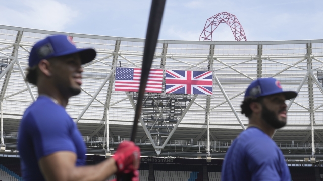 FILE - Chicago Cubs' team players practice during a training session ahead of the baseball match against St. Louis Cardinals at the MLB World Tour London Series, in London Stadium. Major League Baseball returns to London this weekend, June 8-9, 2024, when the New York Mets and Philadelphia Phillies play a two-game set. It's the third time in the past five years that MLB has brought ?America's Pastime? to London Stadium.  (AP Photo/Kin Cheung, File)
