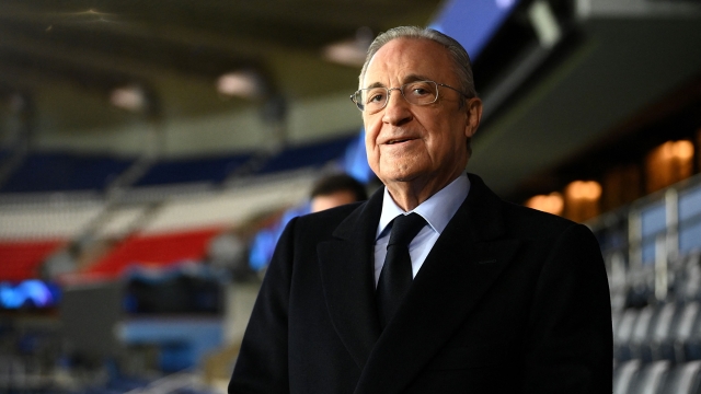 (FILES) Real Madrid's president Florentino Perez looks on as he attends his team's training session at the Parc des Princes stadium in Paris on February 14, 2022 on the eve of the UEFA Champions League round of 16 first leg football match between Paris Saint-Germain and Real Madrid. Real Madrid's powerful president Florentino Perez, whose club is considered favourite to beat Borussia Dortmund in the Champions League finale next June 1, 2024, and win a record-extending 15th Champions League trophy, has become one of the most influential men in Spain. (Photo by FRANCK FIFE / AFP)