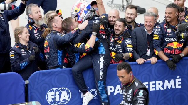 Red Bull Racing driver Max Verstappen, center top, of the Netherlands, celebrates after winning the Formula 1 Canadian Grand Prix auto race in Montreal, Sunday, June 9, 2024. (Paul Chiasson/The Canadian Press via AP) 


Associated Press / LaPresse
Only italy and Spain