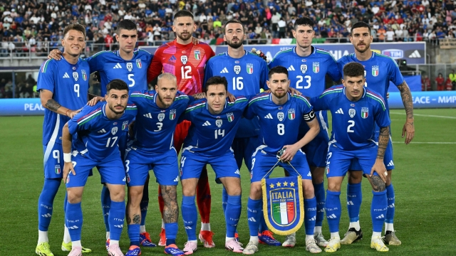 Team Italy from top left : Italy's forward Mateo Retegui, Italy's defender #05 Gianluca Mancini, Italy's goalkeeper #12 Ivan Provedel, Italy's midfielder #16 Bryan Christante, Italy's defender #23 Alessandro Bastoni, Italy's forward #10 Lorenzo Pellegrini, Italy's forward #17 Riccardo Orsolini, Italy's defender #03 Federico Dimarco, Italy's forward #14 Federico Chiesa, Italy's midfielder #08 Jorginho and Italy's defender #02 Giovanni Di Lorenzo pose the international friendly football match between Italy and Turkey as part of their preparation for the UEFA Euro 2024 European football championships, at the Dall'Ara Stadium on June 4, 2024 in Bologna. (Photo by Alberto PIZZOLI / AFP)