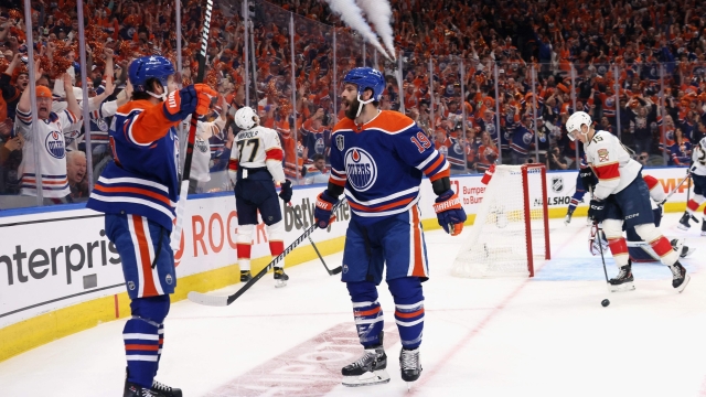 EDMONTON, ALBERTA - JUNE 15: Adam Henrique #19 of the Edmonton Oilers celebrates his first period goal in Game Four of the 2024 Stanley Cup Final at Rogers Place on June 15, 2024 in Edmonton, Alberta.   Bruce Bennett/Getty Images/AFP (Photo by BRUCE BENNETT / GETTY IMAGES NORTH AMERICA / Getty Images via AFP)