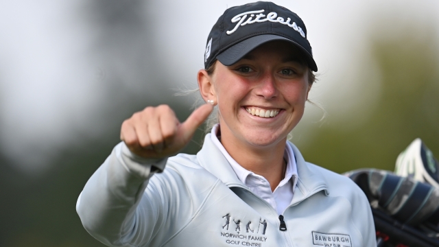 WELWYN, ENGLAND - SEPTEMBER 23: Amy Taylor of England reacts as they walk on the tenth hole during Round One of the Rose Ladies Open on the Melbourne Course at Brocket Hall Golf Club on September 23, 2022 in Welwyn, England. (Photo by Alex Burstow/Getty Images)