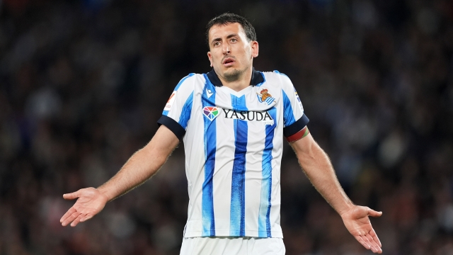 SAN SEBASTIAN, SPAIN - APRIL 26: Mikel Oyarzabal of Real Sociedad reacts during the LaLiga EA Sports match between Real Sociedad and Real Madrid CF at Reale Arena on April 26, 2024 in San Sebastian, Spain. (Photo by Juan Manuel Serrano Arce/Getty Images)