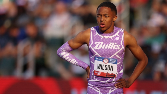EUGENE, OREGON - JUNE 23: Quincy Wilson looks on after competing in the men's 400 meter semi-final on Day Three 2024 U.S. Olympic Team Trials Track & Field at Hayward Field on June 23, 2024 in Eugene, Oregon.   Christian Petersen/Getty Images/AFP (Photo by Christian Petersen / GETTY IMAGES NORTH AMERICA / Getty Images via AFP)