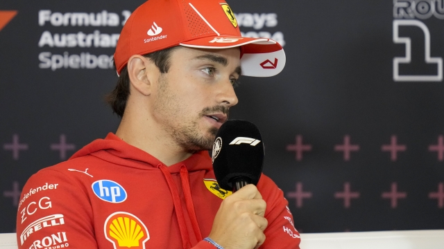 Ferrari driver Charles Leclerc of Monaco speaks during a news conference at the Red Bull racetrack in Spielberg, Austria, Thursday, June 27, 2024. The Austrian Formula One Grand Prix will be held on Sunday. (AP Photo/Darko Bandic)