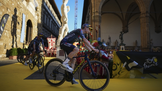 Denmark's Jonas Vingegaard arrives for the team presentation in Florence, Italy, Thursday, June 27, 2024, two days before the start of the Tour de France cycling race. (AP Photo/Daniel Cole)