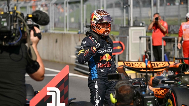 Red Bull Racing's Dutch driver Max Verstappen celebrates taking the Sprint pole position after the sprint qualifying session on the Red Bull Ring race track in Spielberg, Austria, on June 28, 2024, ahead of the Formula One Austrian Grand Prix. (Photo by Jure Makovec / AFP)