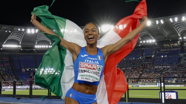 Silver medalist Larissa Iapichino of Italy celebrates after Long Jump Women Final at the European Athletics Championship at Olimpico Stadium in Rome, Italy, 12 June 2024. ANSA/FABIO FRUSTACI