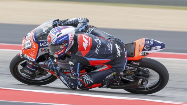 epa11277358 Spanish rider Ivan Ortola of the MT Helmets MSI Team in action during  qualifying for the Moto3 category for the Motorcycling Grand Prix of The Americas at the Circuit of The Americas in Austin, Texas, USA, 13 April 2024  EPA/ADAM DAVIS