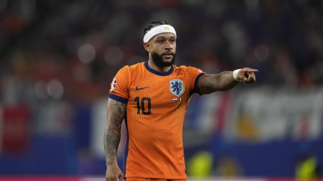 Memphis Depay of the Netherlands gesture during a Group D match between the Netherlands and France at the Euro 2024 soccer tournament in Leipzig, Germany, Friday, June 21, 2024. (AP Photo/Mathias Schrader)
