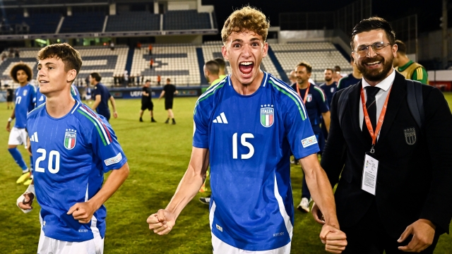LARNACA, CYPRUS - June 02: Andrea Natali of Italy, 15, celebrates after his side's victory in the UEFA European Under-17 Championship 2023/2024 Semi-Final match between Denmark and Italy at Antonis Papadopoulos Stadium on June 02, 2024 in Larnaca, Cyprus. (Photo by Piaras Ó Mídheach - Sportsfile/UEFA via Getty Images)