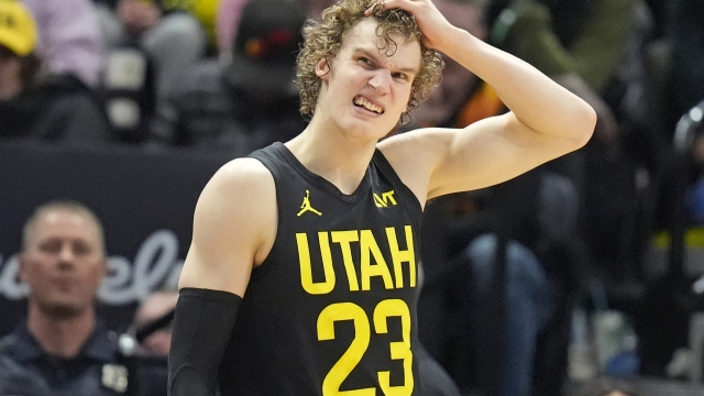 Utah Jazz forward Lauri Markkanen (23) looks on during the second half of an NBA basketball game against the San Antonio Spurs Wednesday, March 27, 2024, in Salt Lake City. (AP Photo/Rick Bowmer)