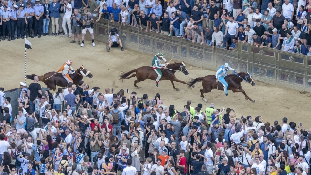 Jockey Carlo Sanna, also known as Brigante, on horse Tabacco in action before winning the historical horse race 'Palio di Siena' has been postponed to 3 July due to the rain the historical horse race 'Palio di Siena' in Siena, Italy, 04 July 2024. The traditional horse races between the Siena city districts will be held 02 July as the 'Palio di Provenzano' on the holiday of the Madonna of Provenzano and on 16 August as the 'Palio dell'Assunta' on the holiday of the Virgin Mary. ANSA/CLAUDIO GIOVANNINI