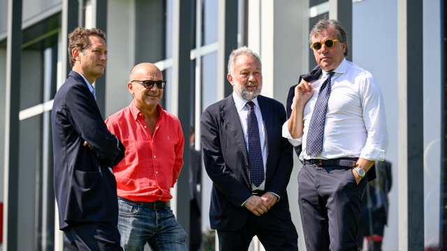 TURIN, ITALY - JULY 11: John Elkann, Maurizio Scanavino, Gianluca Ferrero, Cristiano Giuntoli during a training session at JTC on July 11, 2024 in Turin, Italy.  (Photo by Daniele Badolato - Juventus FC/Juventus FC via Getty Images)