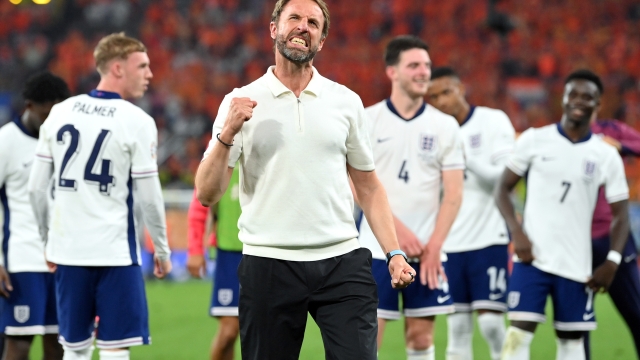 DORTMUND, GERMANY - JULY 10: England head coach Gareth Southgate celebrates victory with the fans after the UEFA EURO 2024 semi-final match between Netherlands and England at Football Stadium Dortmund on July 10, 2024 in Dortmund, Germany. (Photo by Stu Forster/Getty Images)