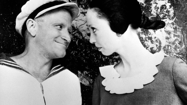 (FILES) A still frame obtained in December 1981 from the musical comedy live-action film adaptation of "Popeye," shows US actor Robin Williams (L) playing Popeye, and US actress Shelley Duvall playing Olive on the set of the film shot in Malta. Duvall, the versatile actor known for her role in "The Shining" and working relationship with director Robert Altman, died on July 11, 2024, according to several US trade publications. She was 75 years old. (Photo by AFP)