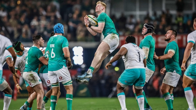 Ireland's full back Jamie Osborne jumps to catch the ball during the second Rugby Union test match between South Africa and Ireland at Kings Park stadium in Durban on July 13, 2024. (Photo by PHILL MAGAKOE / AFP)