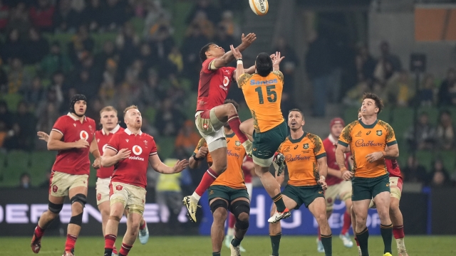 Wales' Rio Dyer, center left, and Australia's Tom Wright, center right, compete for a high ball during their rugby union test match in Melbourne, Saturday, July 13, 2024. (AP Photo/Asanka Brendon Ratnayake)