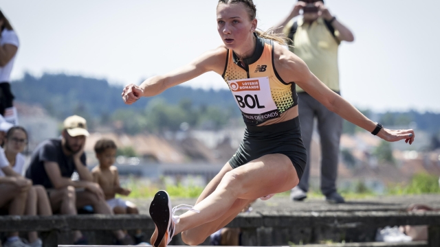 epa11477247 Femke Bol of Netherlands competes in the 400 metres hurdles Women during the 44th edition of Resisprint International, at the Stade de la Charriere, in La Chaux-de-Fonds, Switzerland, 14 July 2024.  EPA/ANTHONY ANEX
