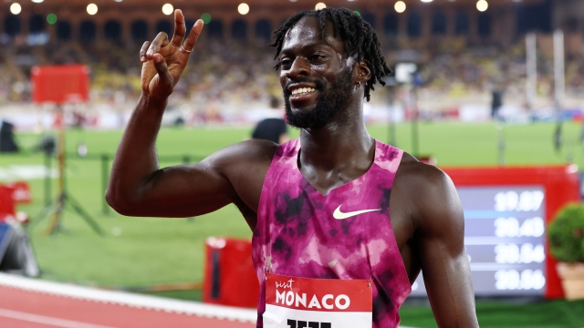 MONACO, MONACO - JULY 12: Ryan Zeze of France gesture after the the mens 200m final during the 2024 Diamond League - Herculis at Stade Louis II on July 12, 2024 in Monaco, Monaco.  (Photo by Francesco Scaccianoce/Getty Images)