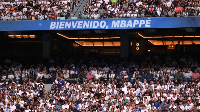 MADRID, SPAIN - JULY 16: The screens around the stadium welcome the Real Madrid new signing, Kylian Mbappe who is unveiled at Estadio Santiago Bernabeu on July 16, 2024 in Madrid, Spain. (Photo by David Ramos/Getty Images)