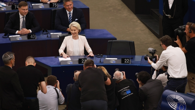 STRASBOURG, FRANCE - JULY 18: Ursula von der Leyen reacts after being reelected as head of the European Commission during the plenary session of the European Parliament on July 18, 2024 in Strasbourg, France. Members of the European Parliament had to decide today on a second term for Ursula von der Leyen as the head of the European Commission, a role she has held since December 1, 2019. She secured the backing of 401 MEPs in the 720-seat European Parliament. Additionally, the leadership positions for the European Parliament, European Council, and the EU's foreign affairs are also being decided. On Tuesday, the newly-elected EU Parliament began its first legislative term in France following the recent elections. (Photo by Johannes Simon/Getty Images)