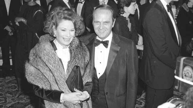 FILE - Comedian Bob Newhart and his wife Ginny arrive at the Golden Globe Awards in Beverly Hills, Calif. on Jan. 26, 1985. Newhart, the deadpan master of sitcoms and telephone monologues, died in Los Angeles on Thursday, July 18, 2024. He was 94. (AP Photo/Lennox McLendon, File)