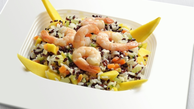 White and Red Rice salad with  Fruits and Vegetables Prawns