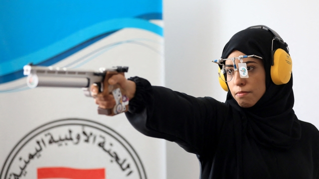 Yemeni air pistol olympic athlete Yasameen al-Raimi attends a training session in Sanaa on July 2, 2024, before participating at the upcoming Paris Olympics. (Photo by MOHAMMED HUWAIS / AFP)