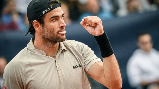 Italy's Matteo Berrettini reacts after winning a point during his final match at the Swiss Open tennis tournament against France's Quentin Halys, in Gstaad, on July 21, 2024. (Photo by GABRIEL MONNET / AFP)