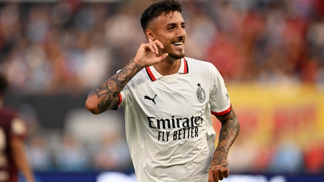 NEW YORK, NEW YORK - JULY 27: Marco Nasti of AC Milan celebrates after scoring the team's third goal during a Pre-Season Friendly match between Manchester City and AC Milan at Yankee Stadium on July 27, 2024 in New York City.   Drew Hallowell/Getty Images/AFP (Photo by Drew Hallowell / GETTY IMAGES NORTH AMERICA / Getty Images via AFP)