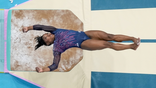 Simone Biles of the United States practices the vault during a gymnastic training session at Bercy Arena at the 2024 Summer Olympics, Thursday, July 25, 2024, in Paris, France. (AP Photo/Morry Gash)