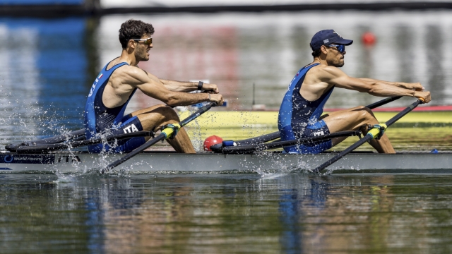 Italy\'s Stefano Oppo, left, and Gabriel Soares compete in the Lightweight Men\'s Double Sculls Final A, on the third day of the 2024 World Rowing Cup at Rotsee, in Lucerne, Switzerland, on Sunday, May 26, 2024. (Philipp Schmidli/Keystone via AP)    Associated Press / LaPresse Only italy and Spain