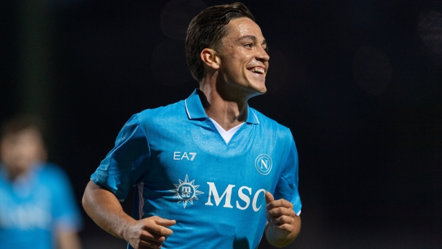 CASTEL DI SANGRO, ITALY - JULY 31: SSC Napoli player Giacomo Raspadori celebrating a goal during the friendly match between SSC Napoli and Brest at Stadio Teofilo Patini on July 31, 2024 in Castel di Sangro, Italy. (Photo by SSC NAPOLI/SSC NAPOLI via Getty Images)