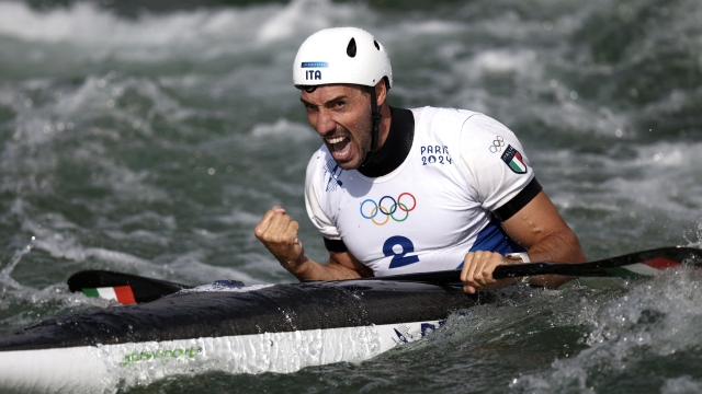 PARIS, FRANCE - AUGUST 01: Giovanni de Gennaro of Team Italy celebrates during the Canoe Slalom Men's Kayak Single Final on day six of the Olympic Games Paris 2024 at Vaires-Sur-Marne Nautical Stadium on August 01, 2024 in Paris, France. (Photo by Alex Davidson/Getty Images)