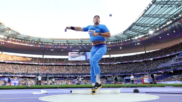 PARIS, FRANCE - AUGUST 02: (EDITORS NOTE: Image was captured using a remote camera) Leonardo Fabbri of Team Italy competes during the Men's Shot Put Qualification on day seven of the Olympic Games Paris 2024 at Stade de France on August 02, 2024 in Paris, France. (Photo by Michael Steele/Getty Images)