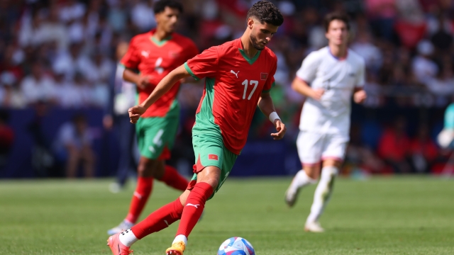 PARIS, FRANCE - AUGUST 02: Oussama El Azzouzi of Team Morocco during the Men's Quarter Final match between Morocco and United States during the Olympic Games Paris 2024 at Parc des Princes on August 02, 2024 in Paris, France. (Photo by Marc Atkins/Getty Images)