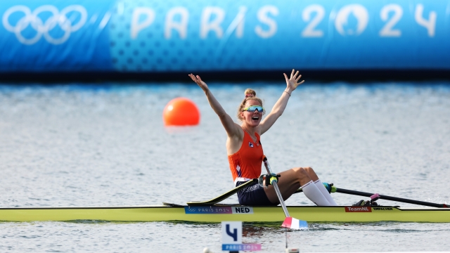 PARIS, FRANCE - AUGUST 03: Karolien Florijn of Team Netherlands celebrates winning Gold after competing in the Women's Single Sculls Finals A on day eight of the Olympic Games Paris 2024 at Vaires-Sur-Marne Nautical Stadium on August 03, 2024 in Paris, France. (Photo by Justin Setterfield/Getty Images)
