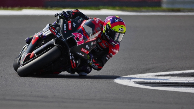 Aprilia Racing's Spanish rider Aleix Espargaro takes part in a practice session of the MotoGP British Grand Prix at Silverstone circuit in Northamptonshire, central England, on August 2, 2024. (Photo by BENJAMIN CREMEL / AFP)