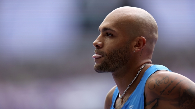 PARIS, FRANCE - AUGUST 03: Lamont Marcell Jacobs of Team Italy looks on on during the Men's 100m Round 1 on day eight of the Olympic Games Paris 2024 at Stade de France on August 03, 2024 in Paris, France. (Photo by Hannah Peters/Getty Images)