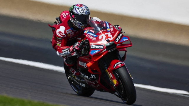 Ducati Lenovo Team's Italian rider Enea Bastianini takes part in a practice session of the MotoGP British Grand Prix at Silverstone circuit in Northamptonshire, central England, on August 2, 2024. (Photo by BENJAMIN CREMEL / AFP)