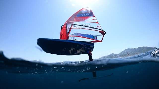 MARSEILLE, FRANCE - JULY 30: Marta Maggetti of Team Italy competes in the Women's Windsurf iQFoil class race on day four of the Olympic Games Paris 2024 at Marseille Marina on July 30, 2024 in Marseille, France. (Photo by Clive Mason/Getty Images)