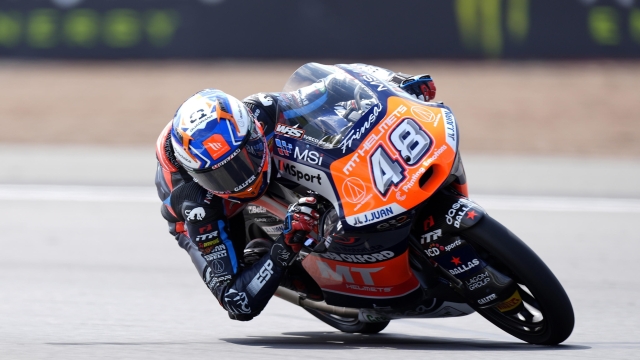 epa11522113 Spain's Ivan Ortola of MT HELMETS - MSi KTM in action during the Moto3 Qualifying session at the Motorcycling Grand Prix of Great Britain at the Silverstone race track, Britain, 03 August 2024.  EPA/TIM KEETON