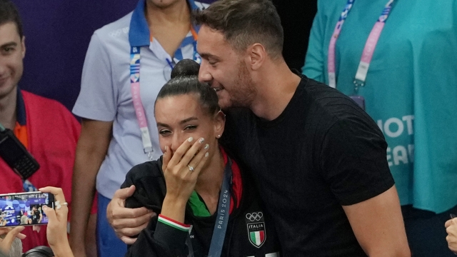 Alessia Maurelli receives the marriage proposal  from Massimo Bertelloni after the group all-around final at 2024 Olympics, Saturday, August 10, 2024, in Paris, France. (Photo by Gian Mattia D'Alberto/LaPresse)