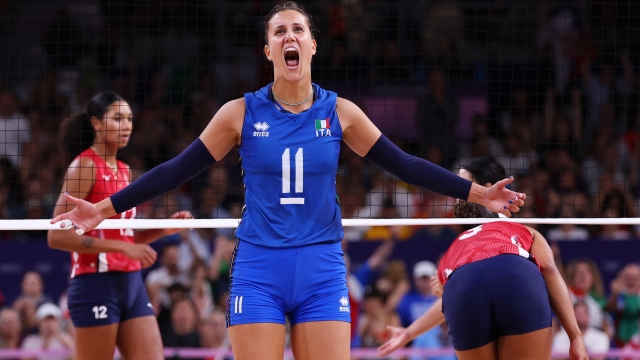 PARIS, FRANCE - AUGUST 11: Anna Danesi of Team Italy celebrates during the Women's Gold Medal match between Team United States and Team Italy on day sixteen of the Olympic Games Paris 2024 at Paris Arena on August 11, 2024 in Paris, France. (Photo by Ezra Shaw/Getty Images)