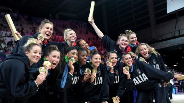 Italy team celebrates as they win gold medal during Women's Volleyball Final match between Italy and United States at the 2024 Summer Olympics, Sunday, August 11, 2024 in Paris, France. (Photo by Spada/LaPresse)