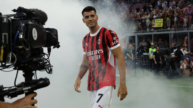 MILAN, ITALY - AUGUST 13: AC Milan unveil new signing Alvaro Morata before the Trofeo Berlusconi match between AC Milan and Monza on August 13, 2024 in Milan, Italy. (Photo by Claudio Villa/AC Milan via Getty Images)