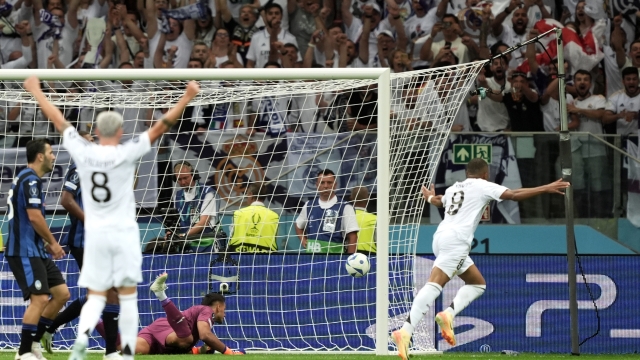 Real Madrid’s Kylian Mbappe celebrates after scoring goal 2-0 during the 2024 UEFA Super Cup match between Real Madrid and Atalanta - 2024 UEFA Super Cup at National Stadium - Sport, Soccer - Warsaw, Poland - Wednesday August 14, 2024 (Photo by Massimo Paolone/LaPresse)