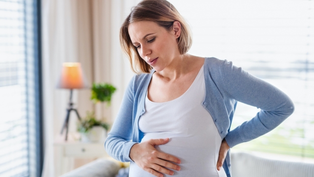 A portrait of pregnant young woman indoors at home, feeling tired.